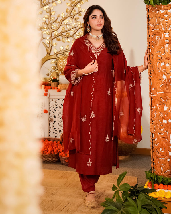 Crimson Red Noor Handwork Chanderi Silk Festive Suit