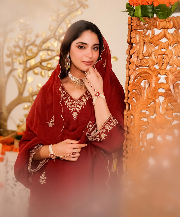 Crimson Red Noor Handwork Chanderi Silk Festive Suit