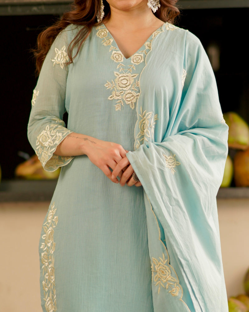 Powder Blue 3 PC Luxe Floral Handwork A Line Pure Cotton Suit For Women ...