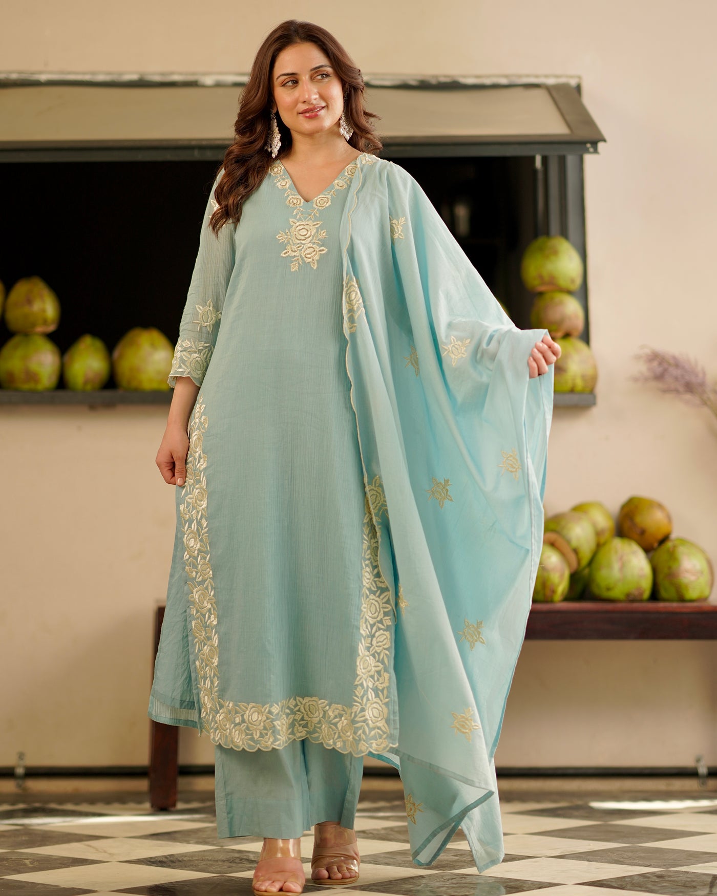 Powder Blue Mist Handwork Cotton A Line Suit