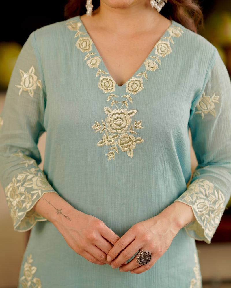 Powder Blue 3 PC Luxe Floral Handwork A Line Pure Cotton Suit For Women ...