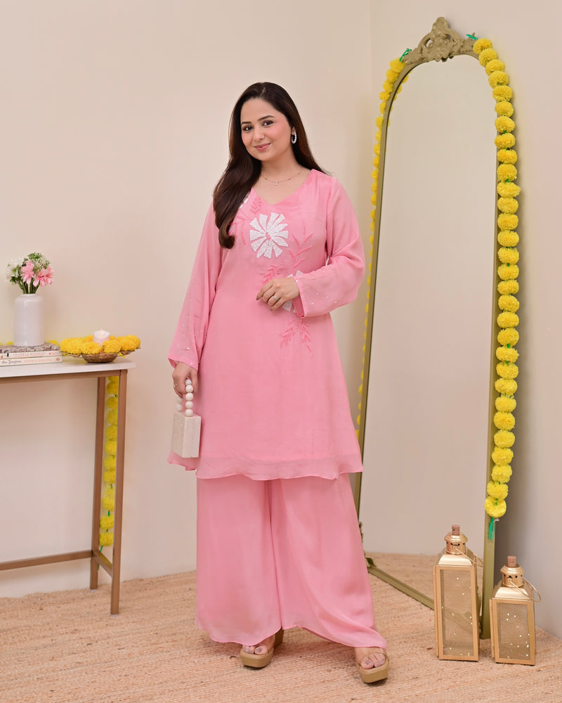 Baby Pink Handwork Chinnon Festive Co-ord