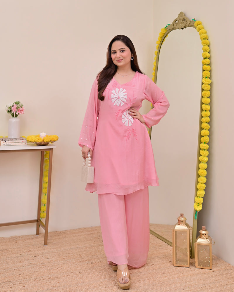 Baby Pink Handwork Chinnon Festive Co-ord