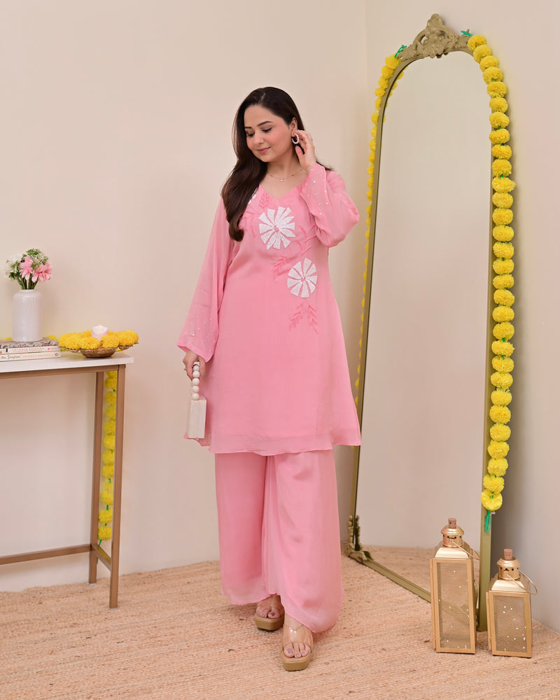 Baby Pink Handwork Chinnon Festive Co-ord
