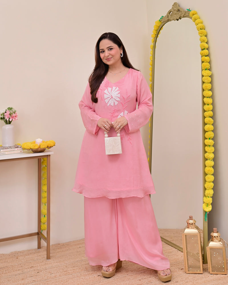 Baby Pink Handwork Chinnon Festive Co-ord