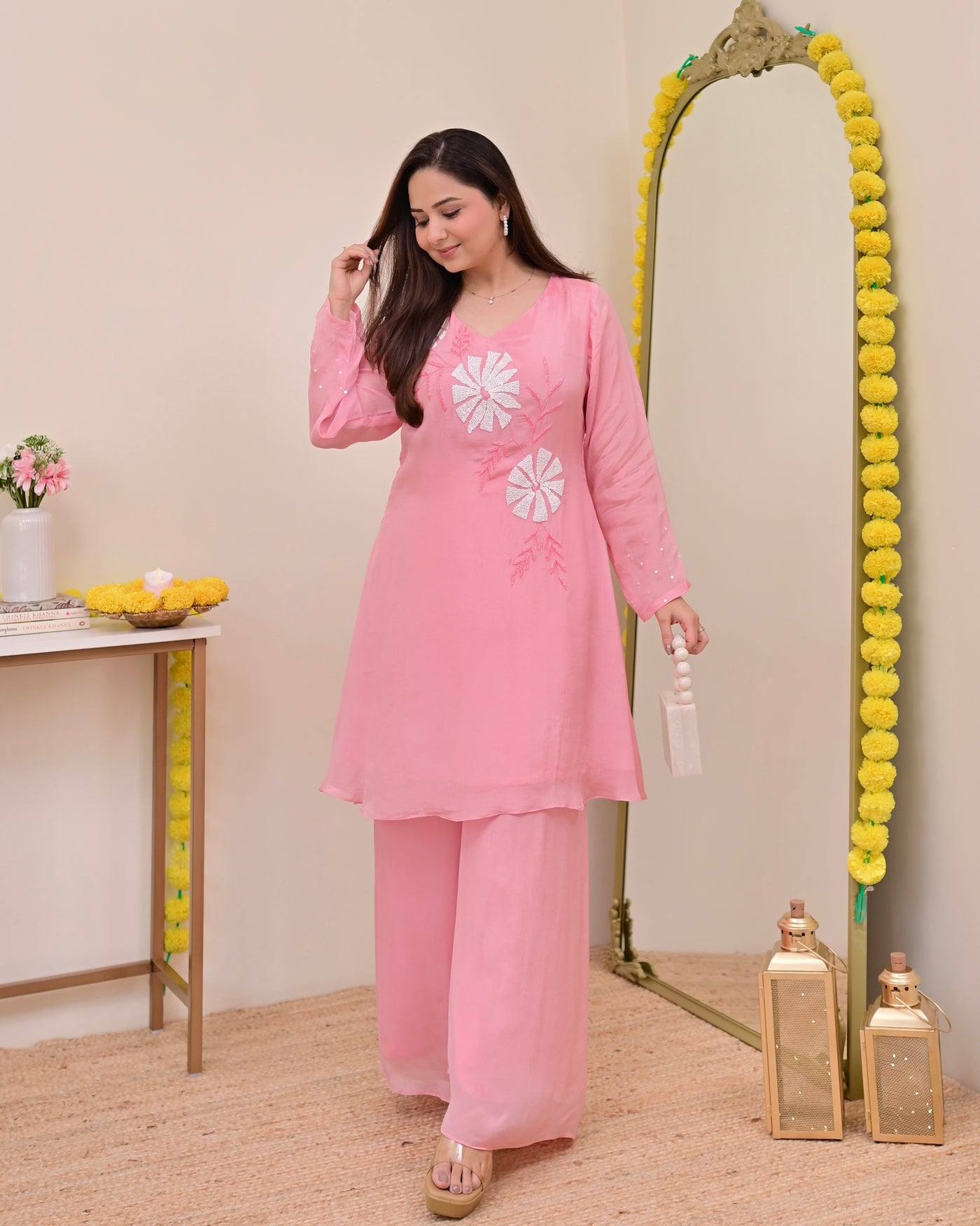 Baby Pink Handwork Chinnon Festive Co-ord