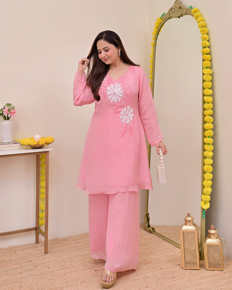 Baby Pink Handwork Chinnon Festive Co-ord