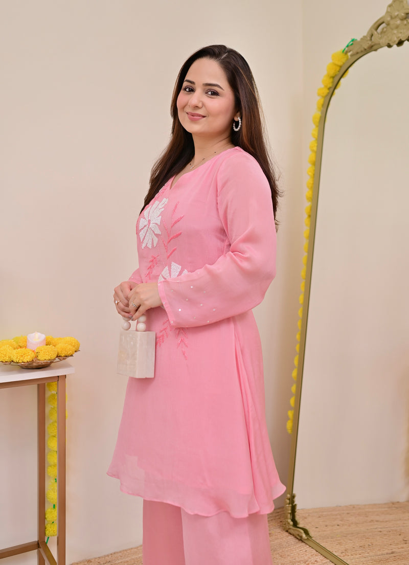 Baby Pink Handwork Chinnon Festive Co-ord