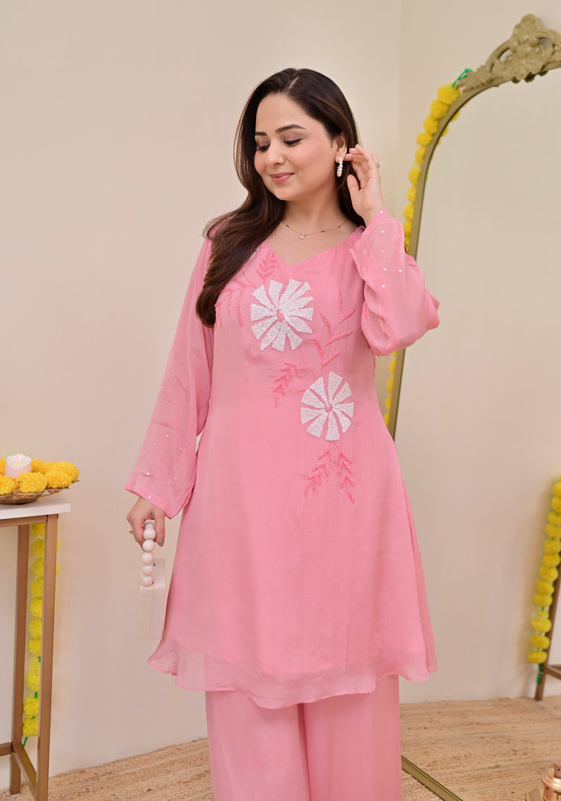 Baby Pink Handwork Chinnon Festive Co-ord