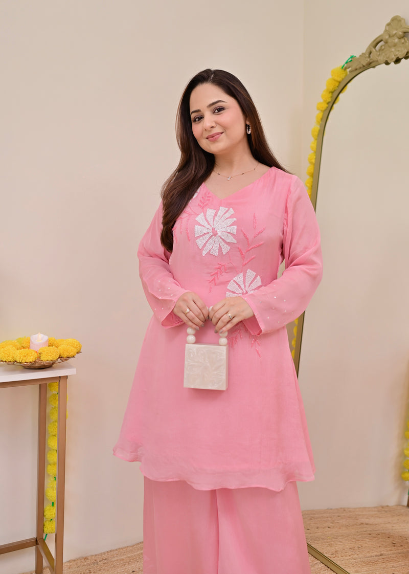 Baby Pink Handwork Chinnon Festive Co-ord