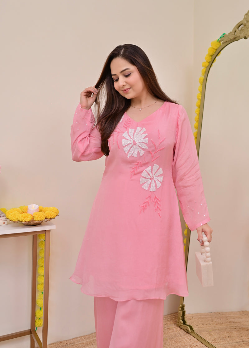 Baby Pink Handwork Chinnon Festive Co-ord