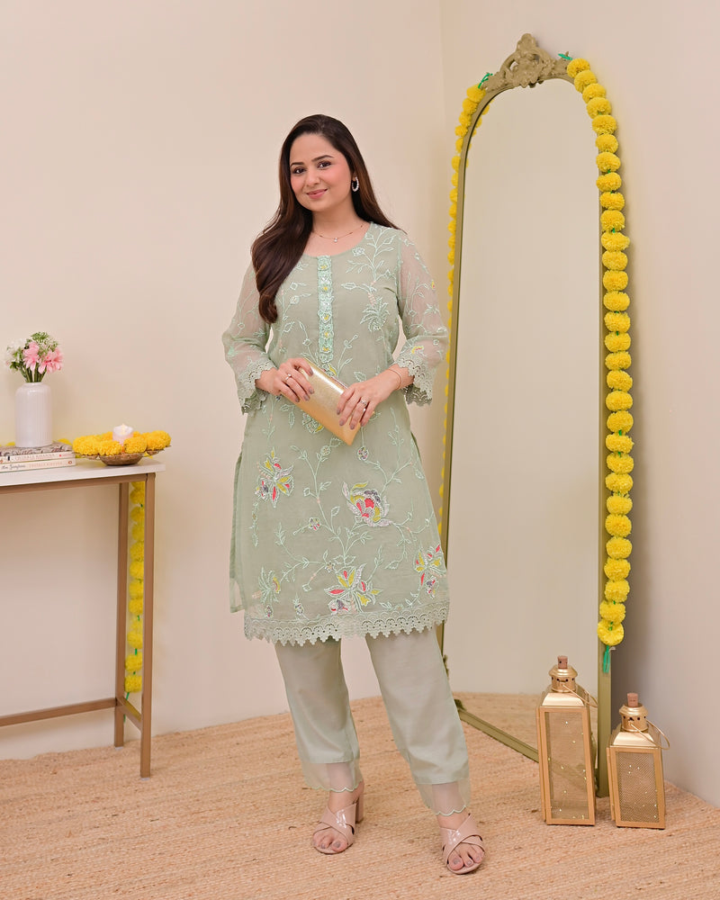 Mint Meher Shimmer Crush Threadwork Festive Co-ord