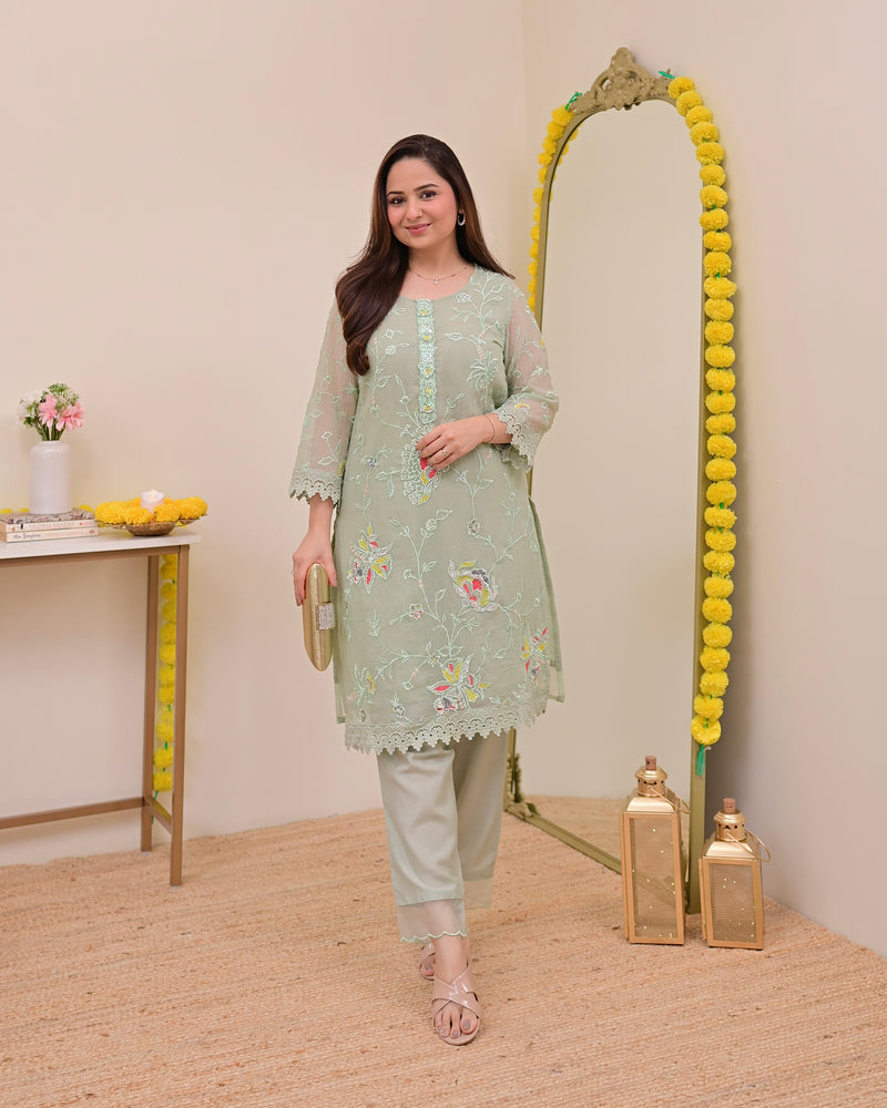 Mint Meher Shimmer Crush Threadwork Festive Co-ord