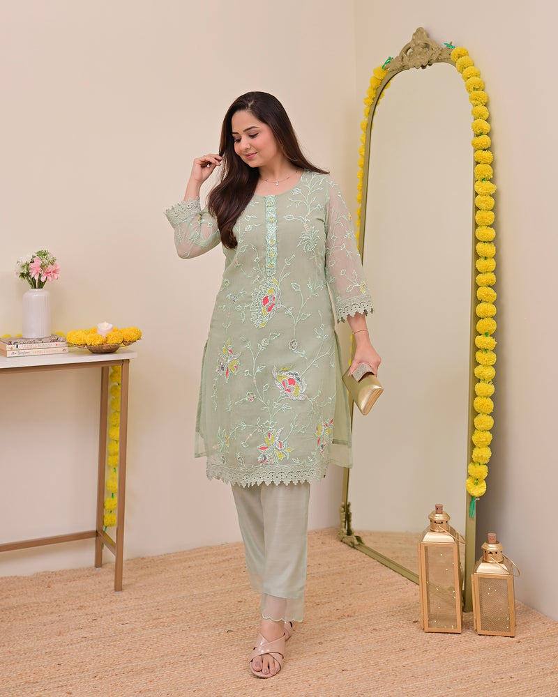 Mint Meher Shimmer Crush Threadwork Festive Co-ord