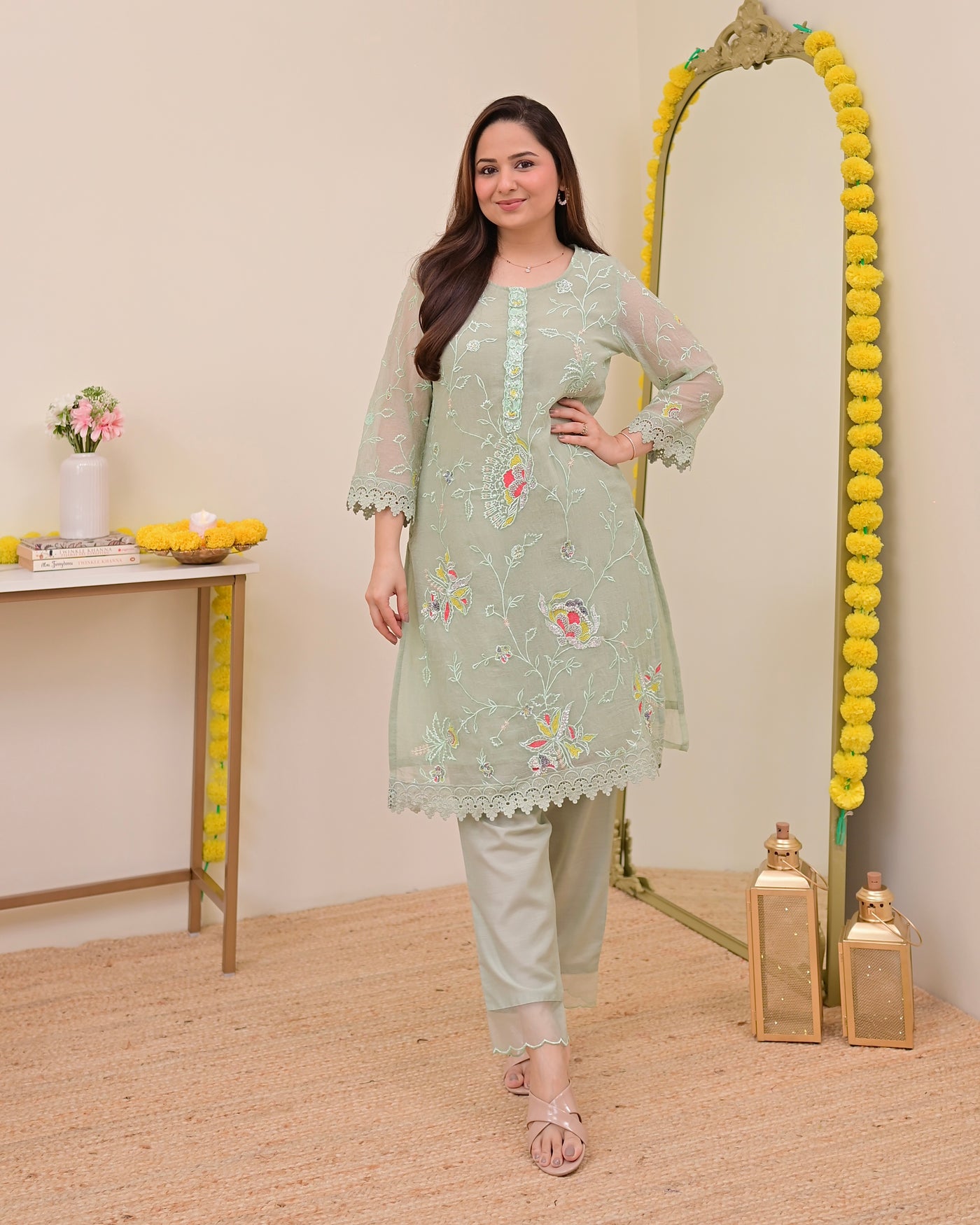 Mint Meher Shimmer Crush Threadwork Festive Co-ord