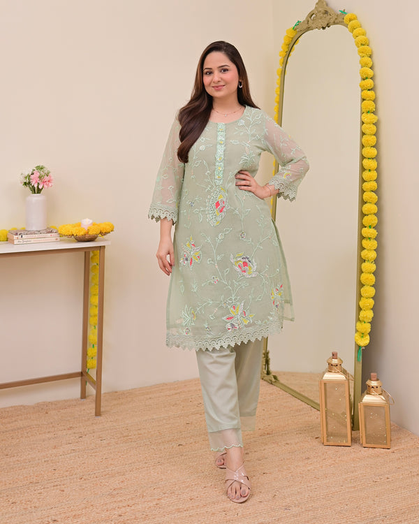 Mint Meher Shimmer Crush Threadwork Festive Co-ord