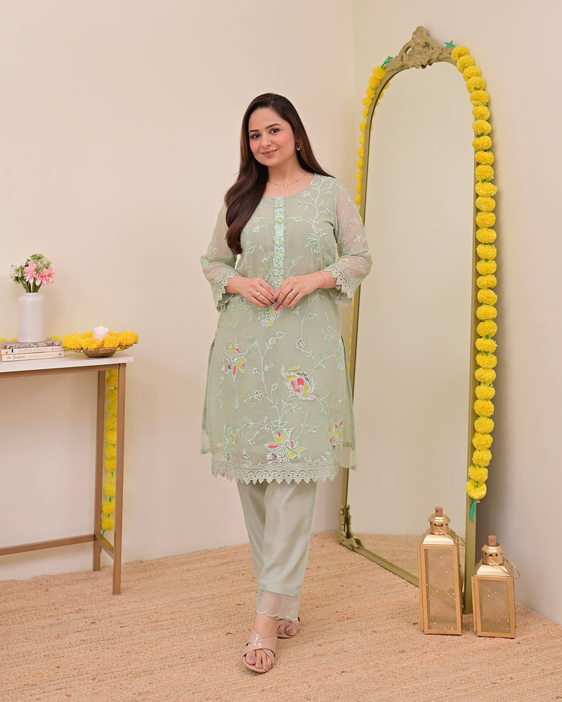 Mint Meher Shimmer Crush Threadwork Festive Co-ord