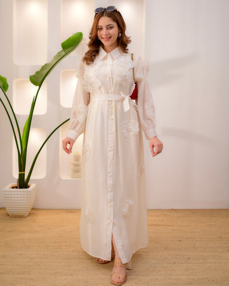 Pearl White Floral Applique Work Designer Premium Cotton Dress For