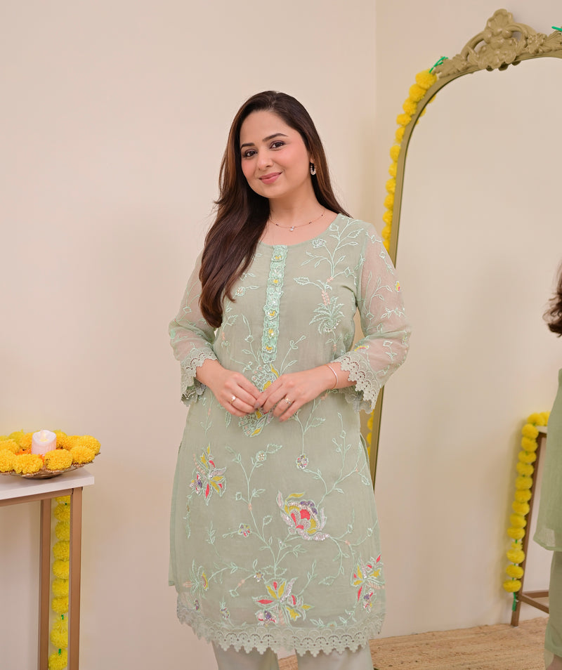 Mint Meher Shimmer Crush Threadwork Festive Co-ord