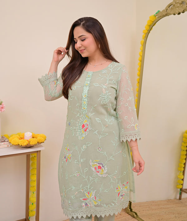 Mint Meher Shimmer Crush Threadwork Festive Co-ord