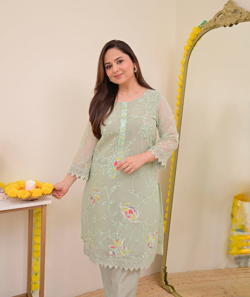 Mint Meher Shimmer Crush Threadwork Festive Co-ord