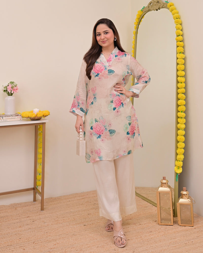 Ivory Floral Garden Muslin Silk Co-ord