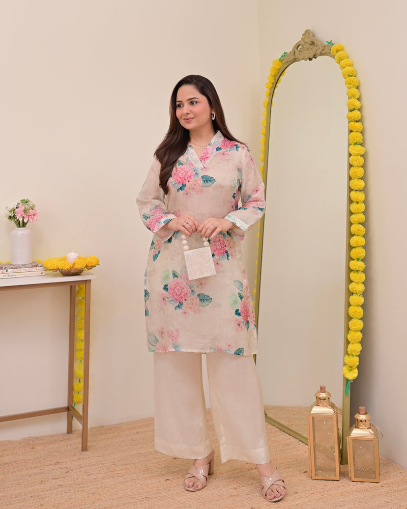 Ivory Floral Garden Muslin Silk Co-ord