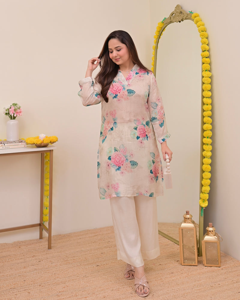 Ivory Floral Garden Muslin Silk Co-ord