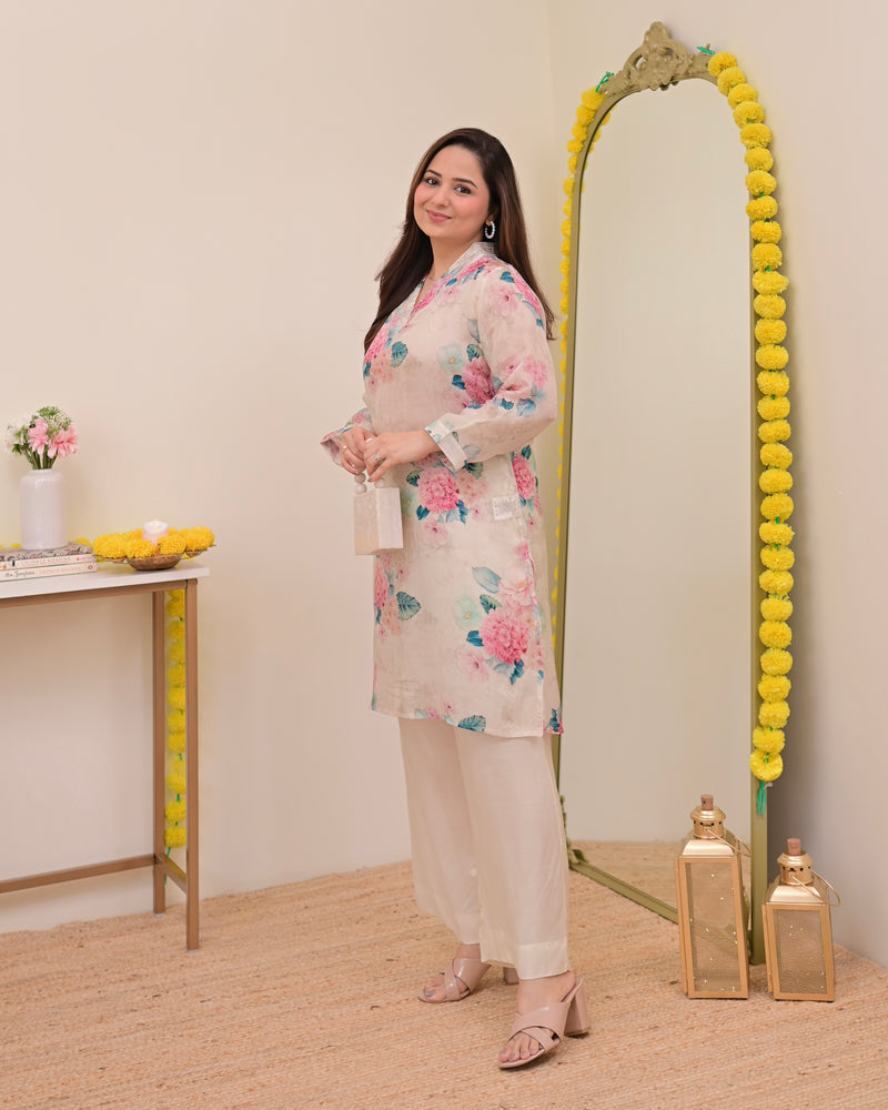 Ivory Floral Garden Muslin Silk Co-ord