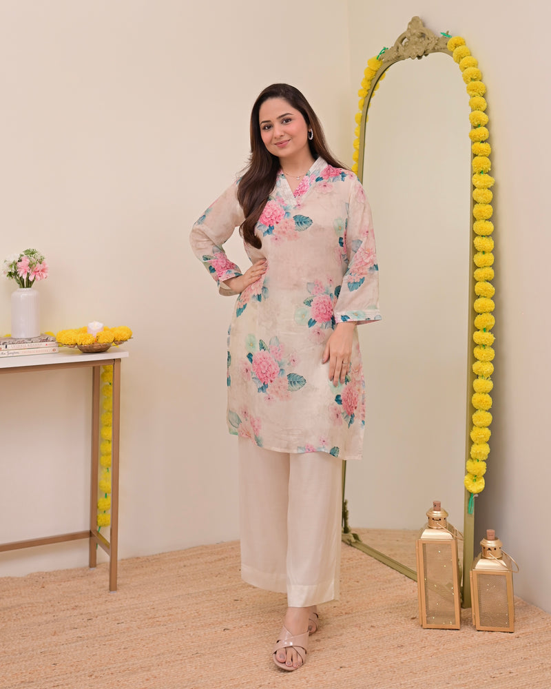 Ivory Floral Garden Muslin Silk Co-ord