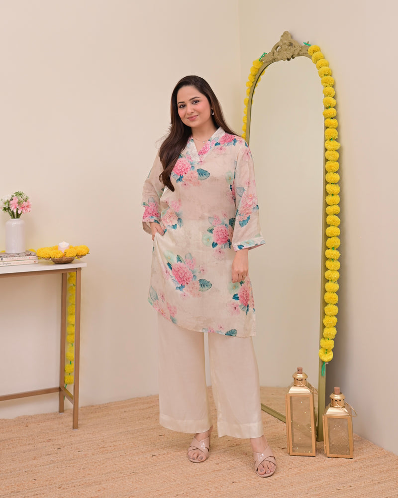 Ivory Floral Garden Muslin Silk Co-ord
