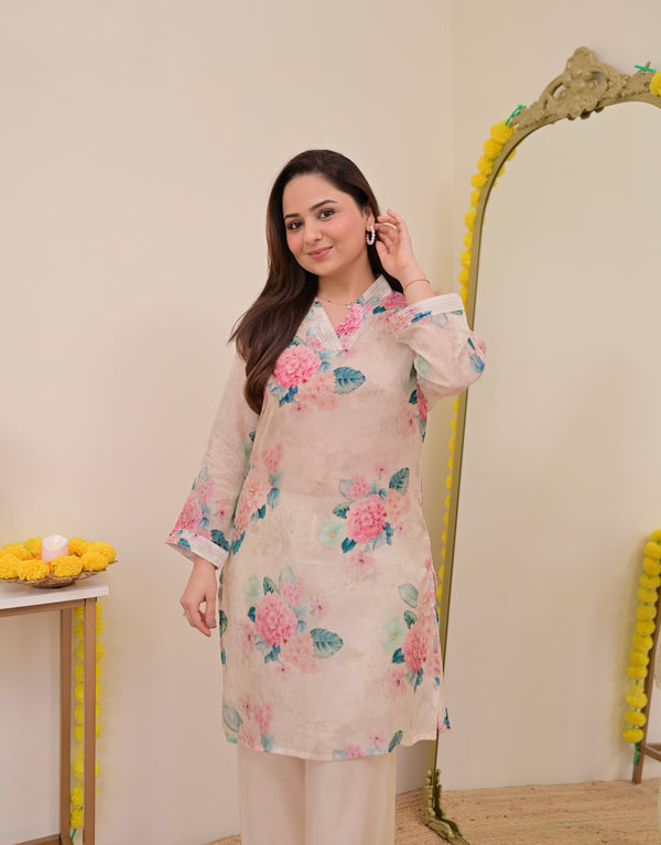 Ivory Floral Garden Muslin Silk Co-ord