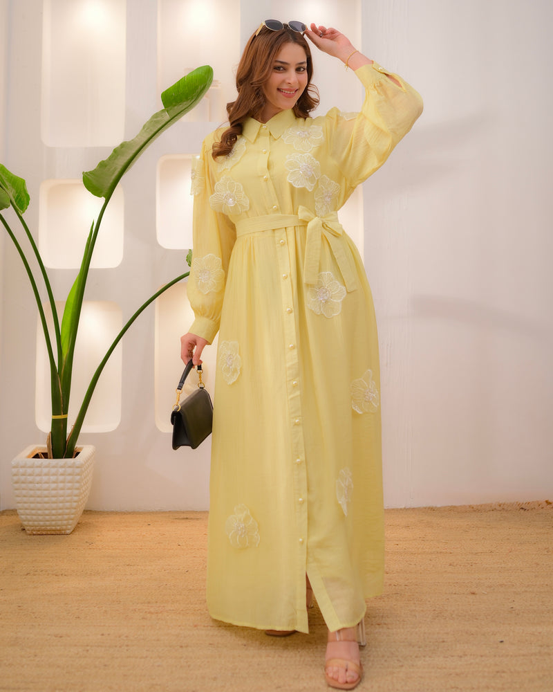 Yellow Floral Applique Work Designer Premium Cotton Dress For Women  Label  Madhuri Thakkar