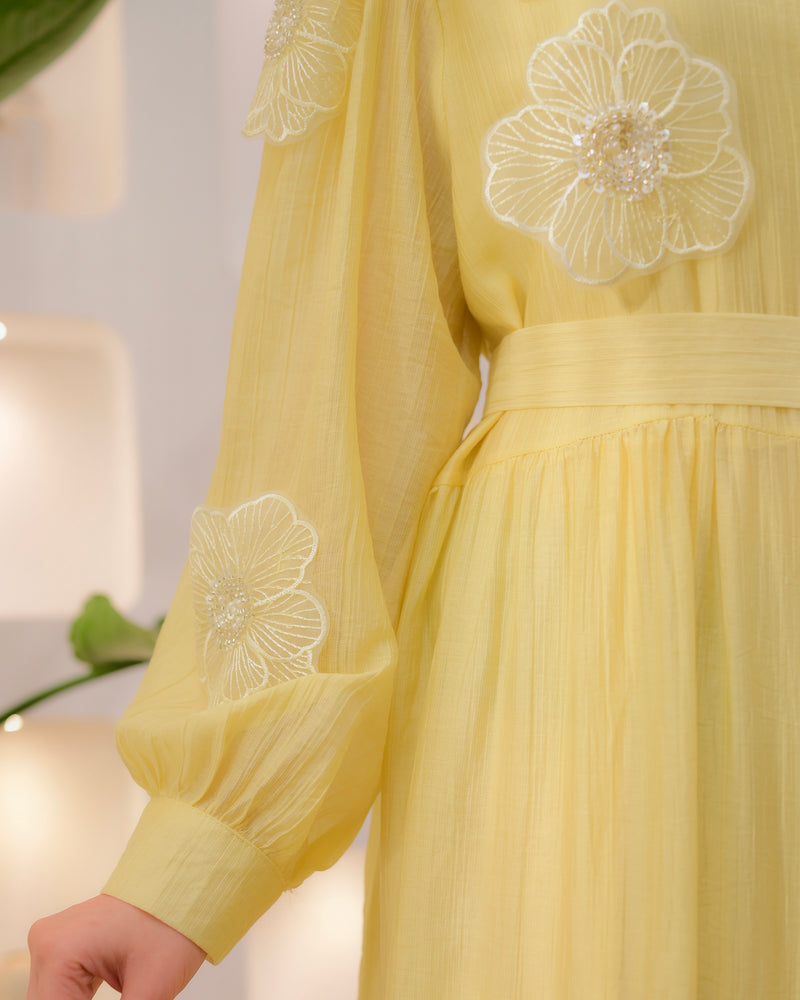 Yellow Floral Applique Work Designer Premium Cotton Dress For Women  Label  Madhuri Thakkar