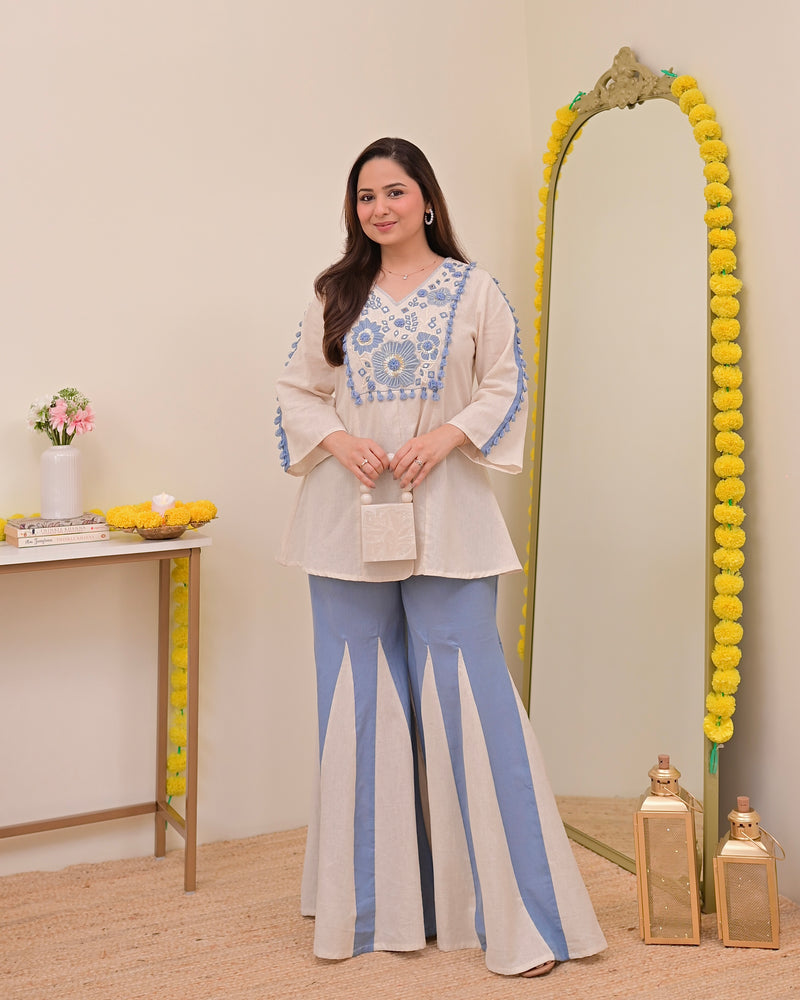 Ivory Blue Mirror Resham Work Cotton Co-ord