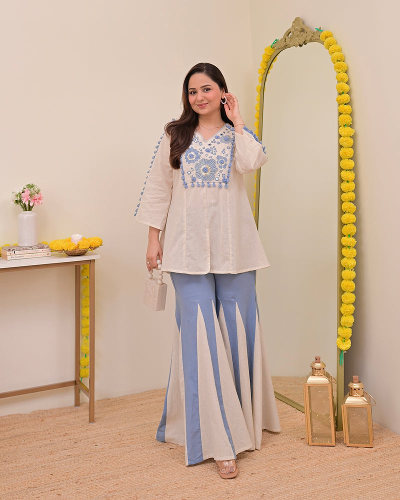 Ivory Blue Mirror Resham Work Cotton Co-ord