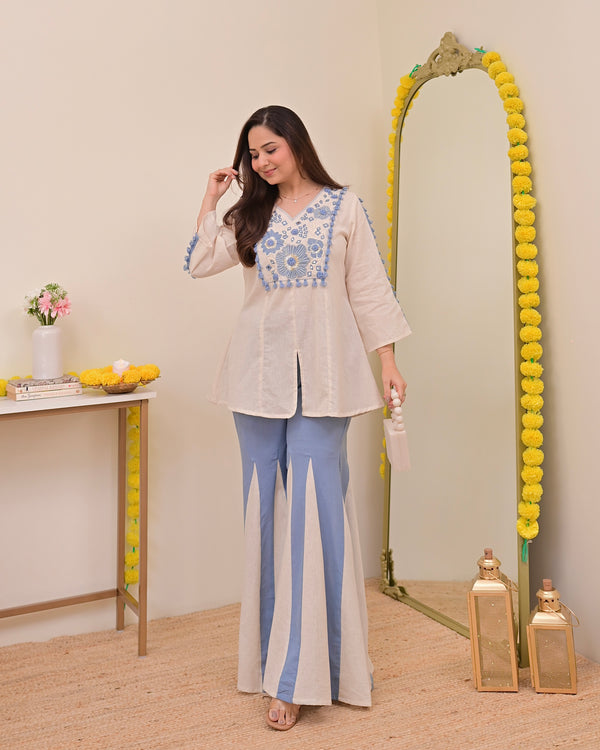Ivory Blue Mirror Resham Work Cotton Co-ord