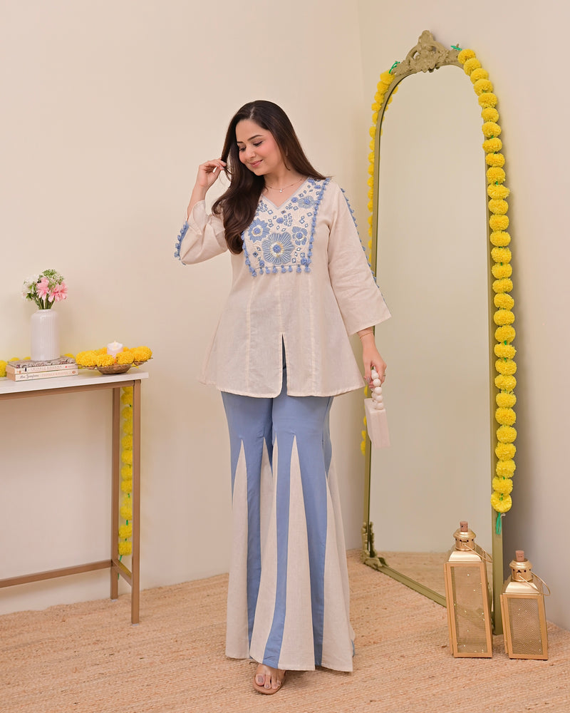 Ivory Blue Mirror Resham Work Cotton Co-ord