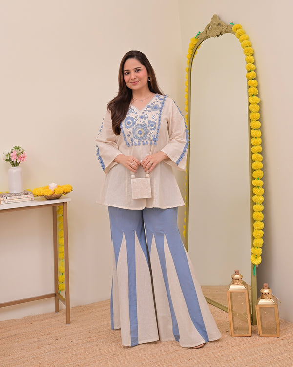 Ivory Blue Mirror Resham Work Cotton Co-ord