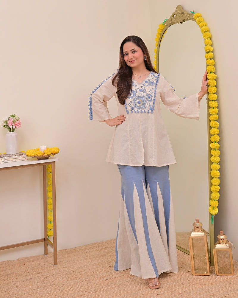 Ivory Blue Mirror Resham Work Cotton Co-ord
