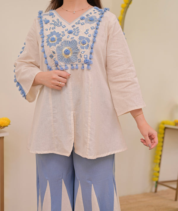 Ivory Blue Mirror Resham Work Cotton Co-ord