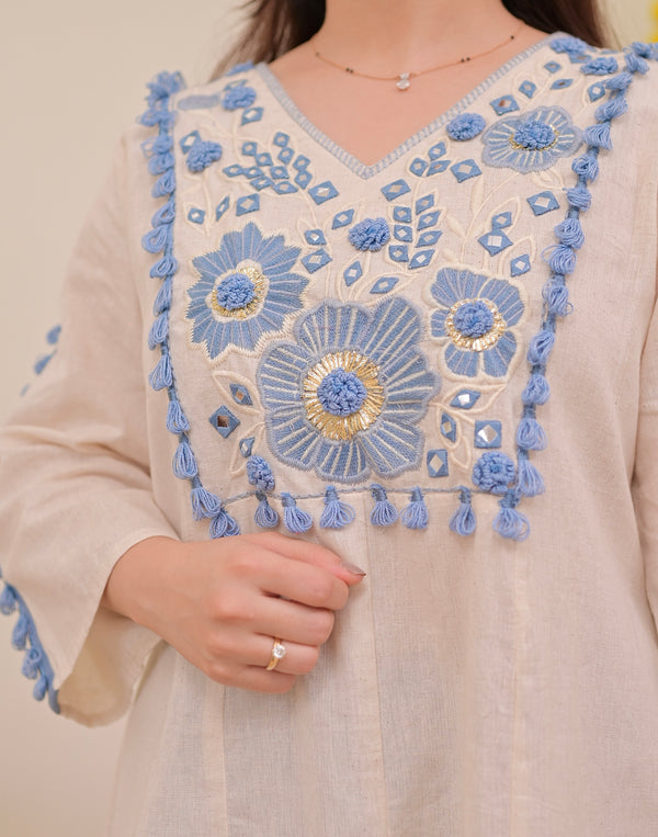 Ivory Blue Mirror Resham Work Cotton Co-ord
