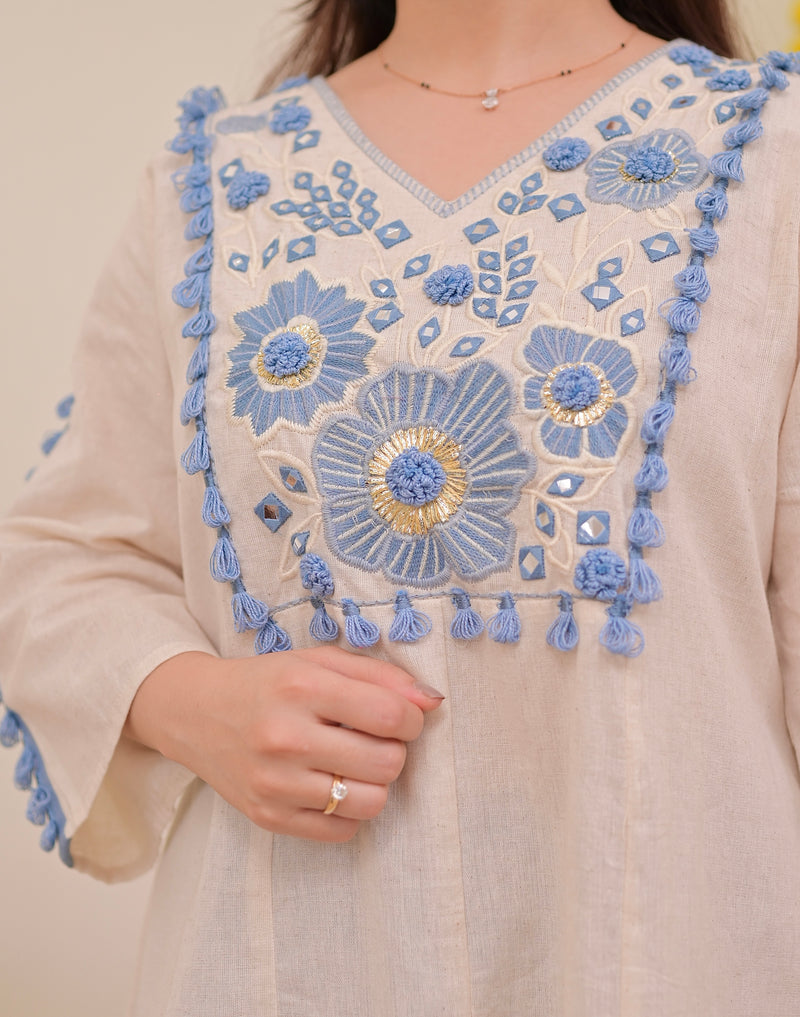 Ivory Blue Mirror Resham Work Cotton Co-ord