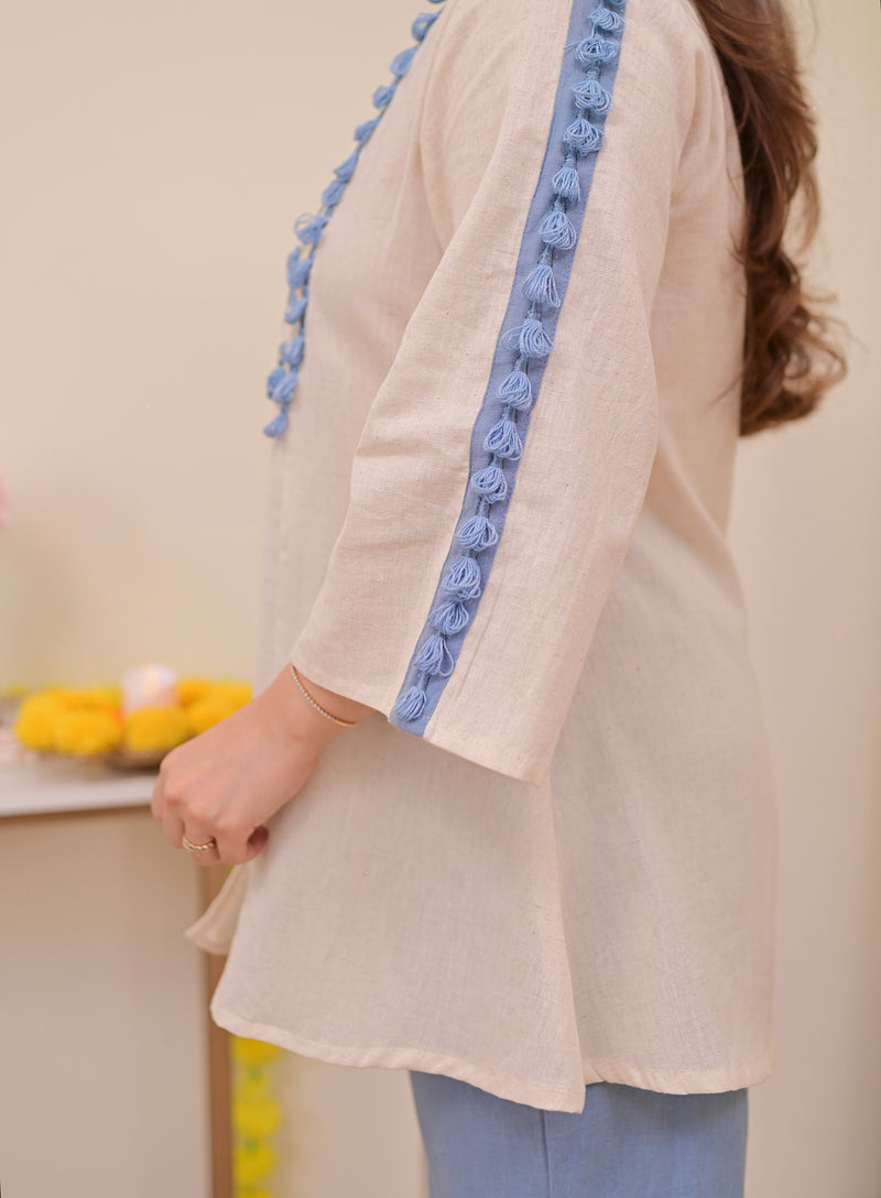 Ivory Blue Mirror Resham Work Cotton Co-ord