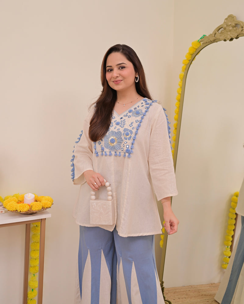 Ivory Blue Mirror Resham Work Cotton Co-ord
