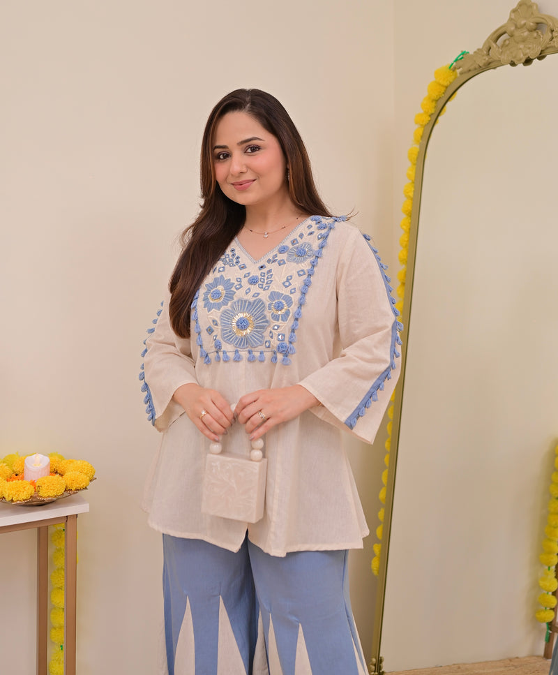 Ivory Blue Mirror Resham Work Cotton Co-ord