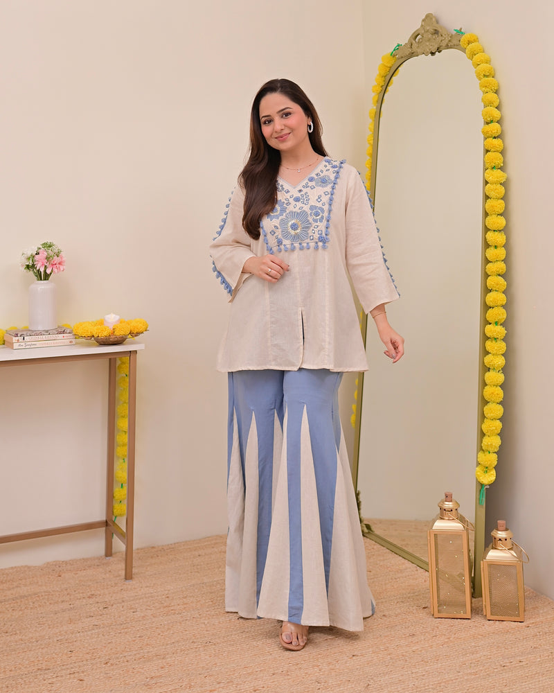 Ivory Blue Mirror Resham Work Cotton Co-ord