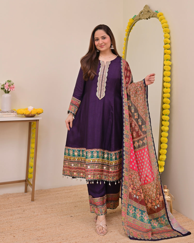 Purple Handwork Silk A Line Festive Suit