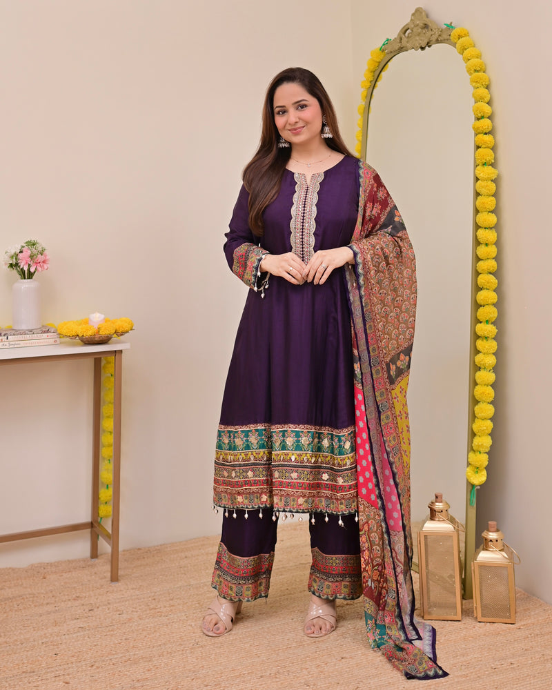 Purple Handwork Silk A Line Festive Suit