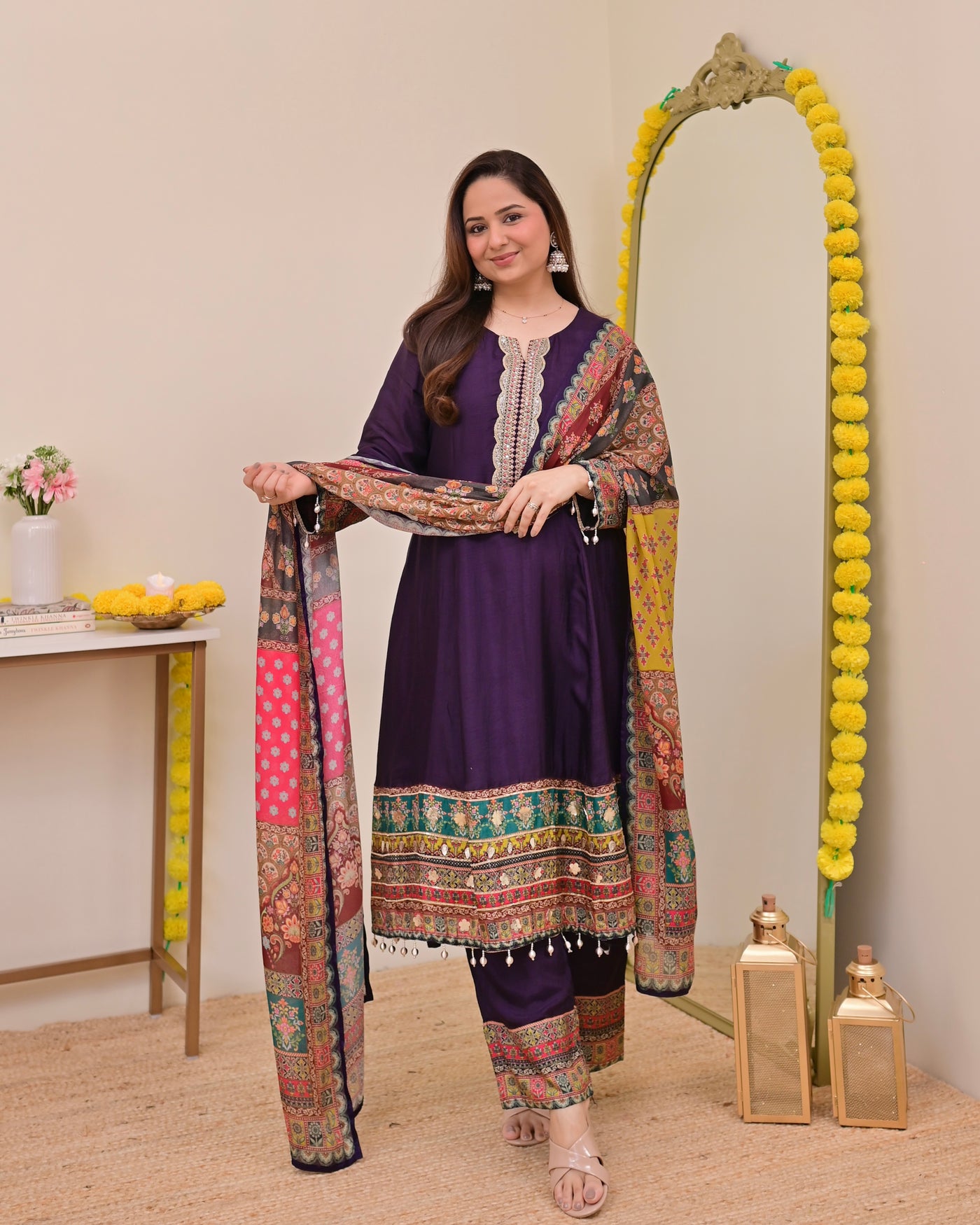 Purple Handwork Silk A Line Festive Suit